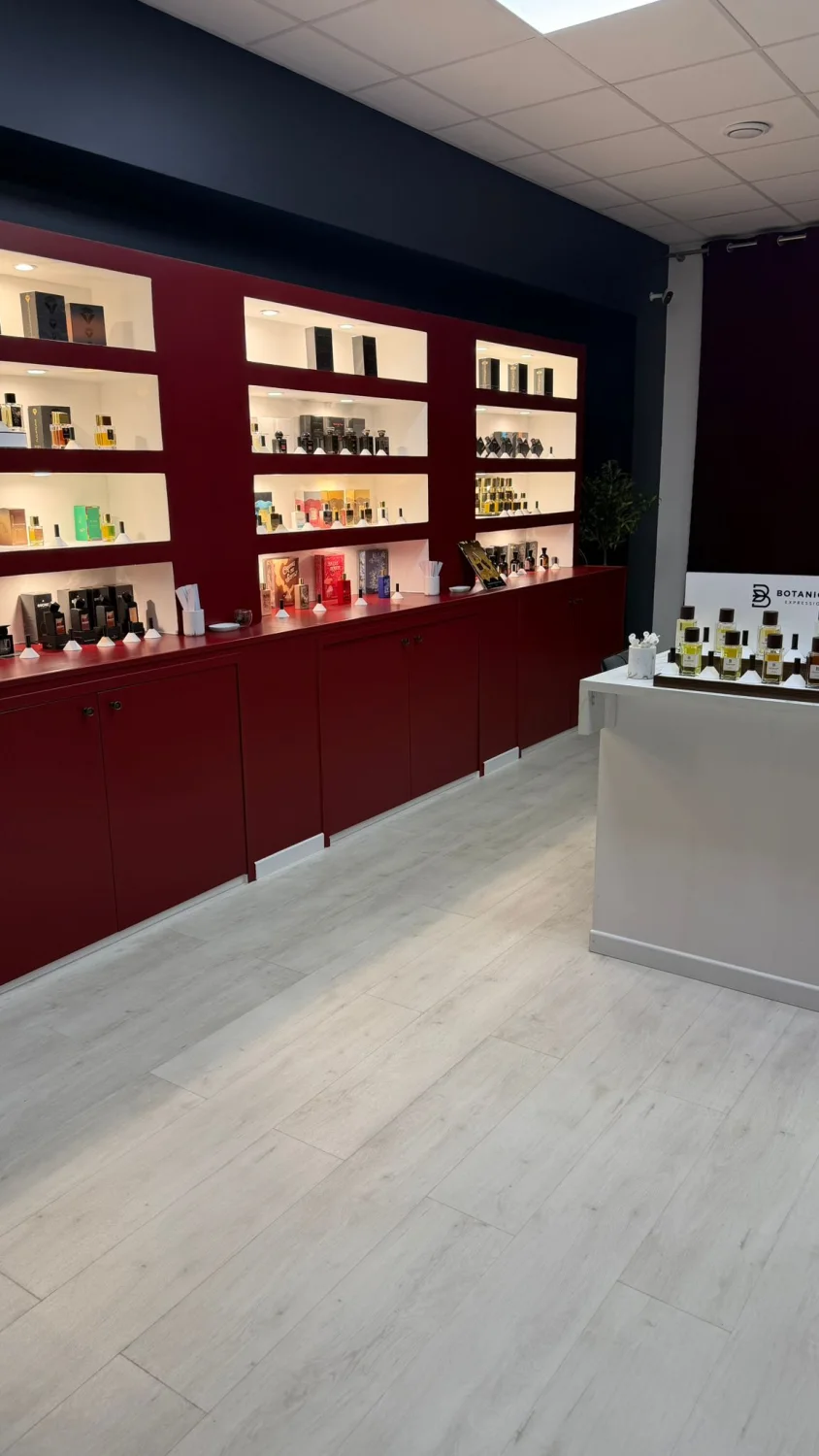Étagères bordeaux rétroéclairées et comptoir, univers EOTRA