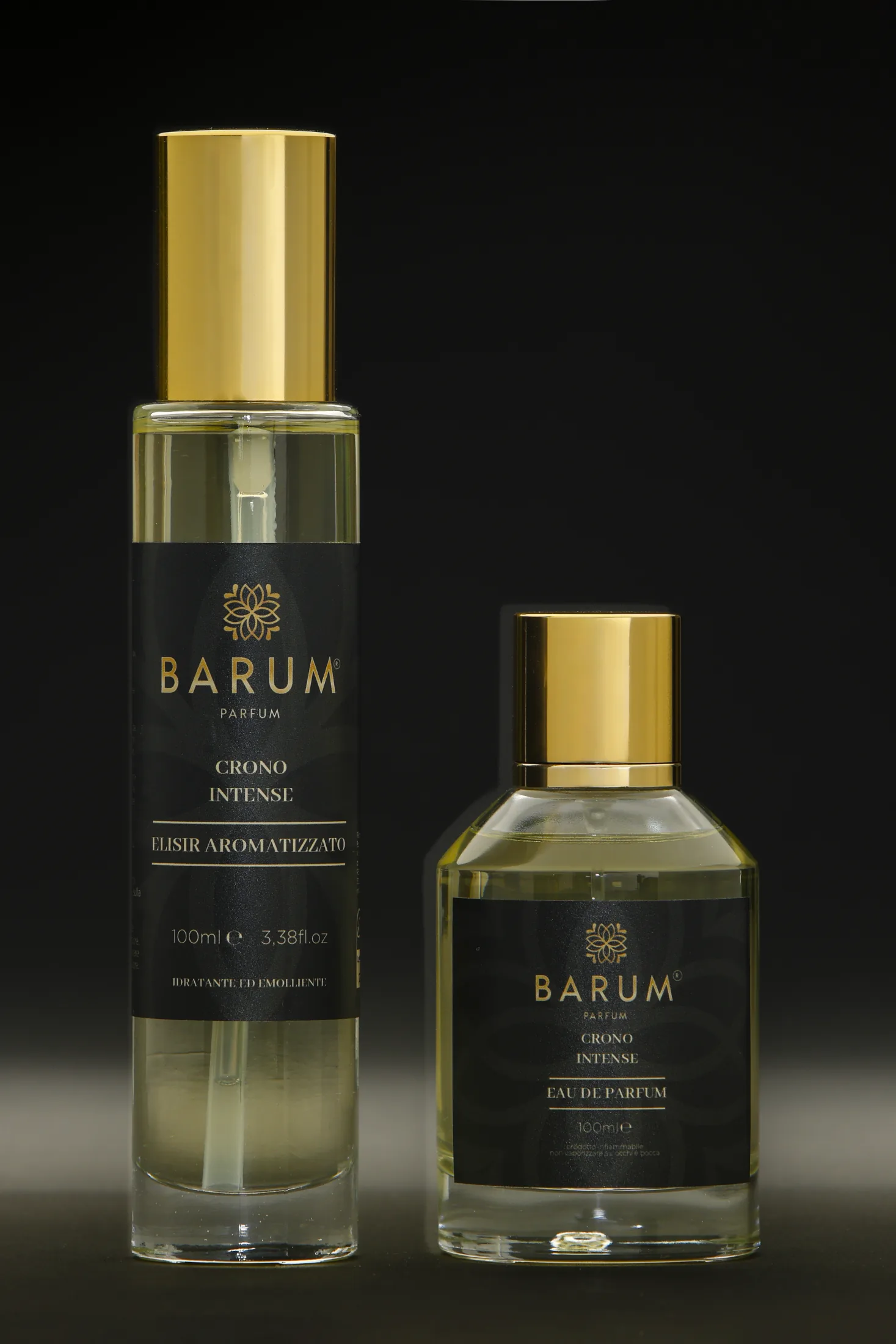 Crono Intense, Barum — l'eau de parfum et son élixir aromatisé sur fond sombre