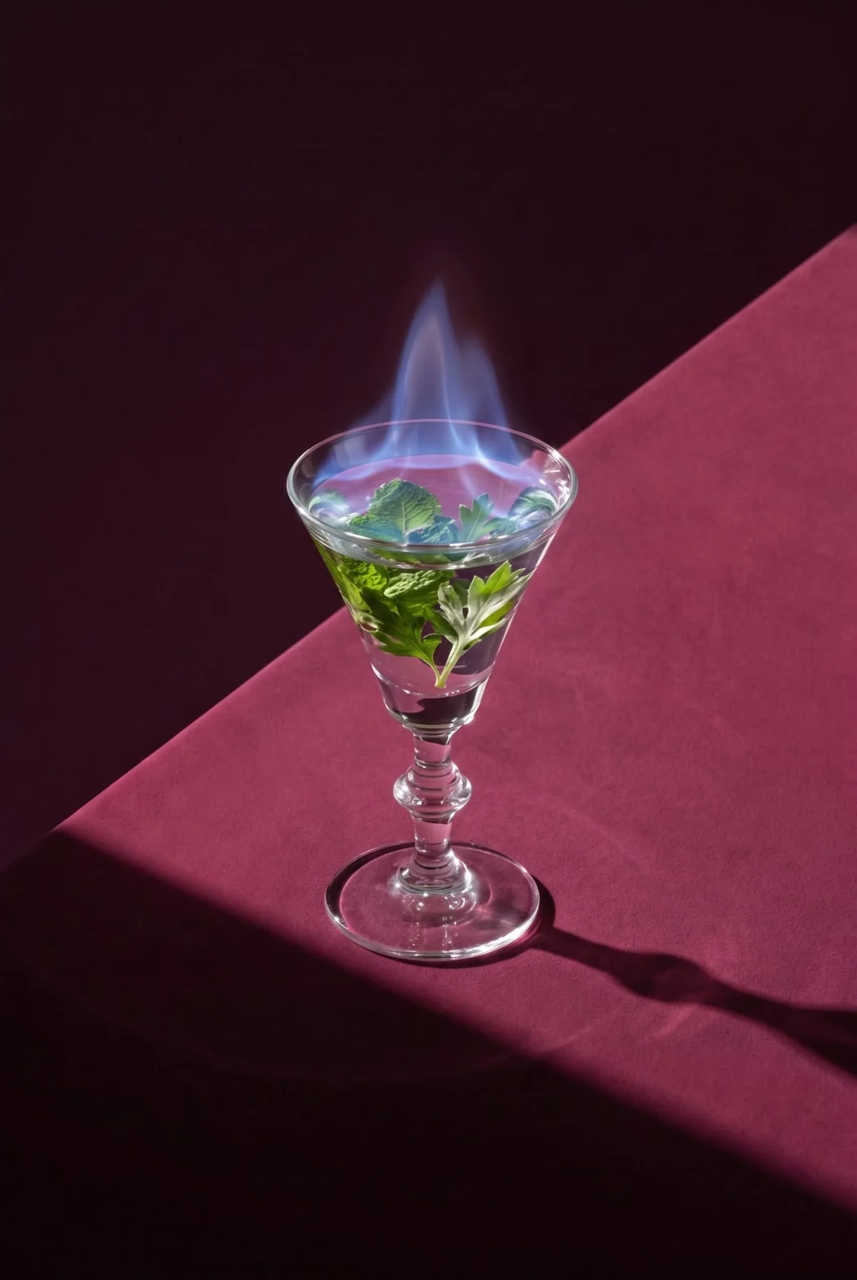 Blue Flame d'INSENF : un petit verre à pied où brûle une flamme bleue au-dessus de feuilles de menthe
