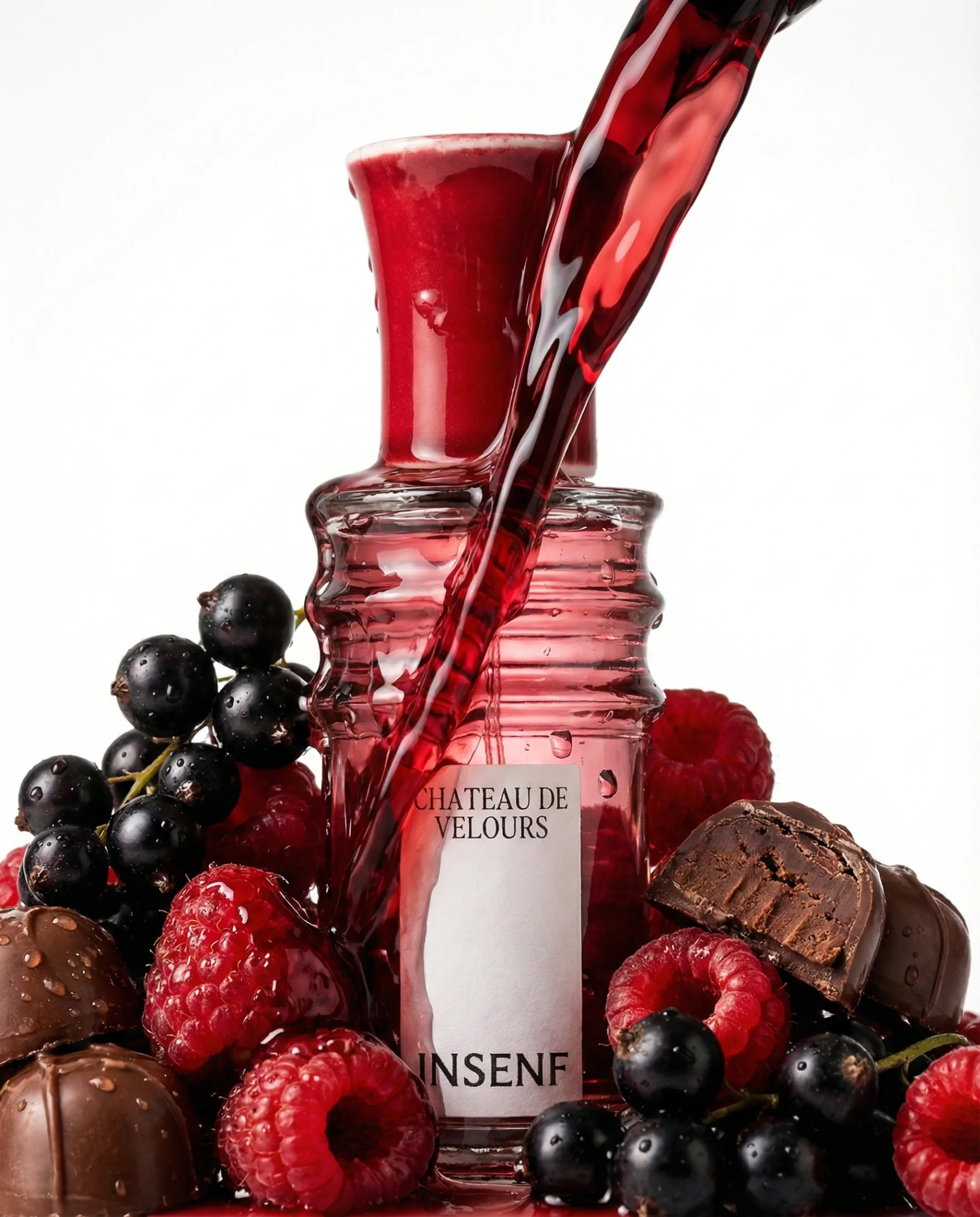 Château de Velours, INSENF — coulée de vin sur le flacon, fruits rouges et chocolat