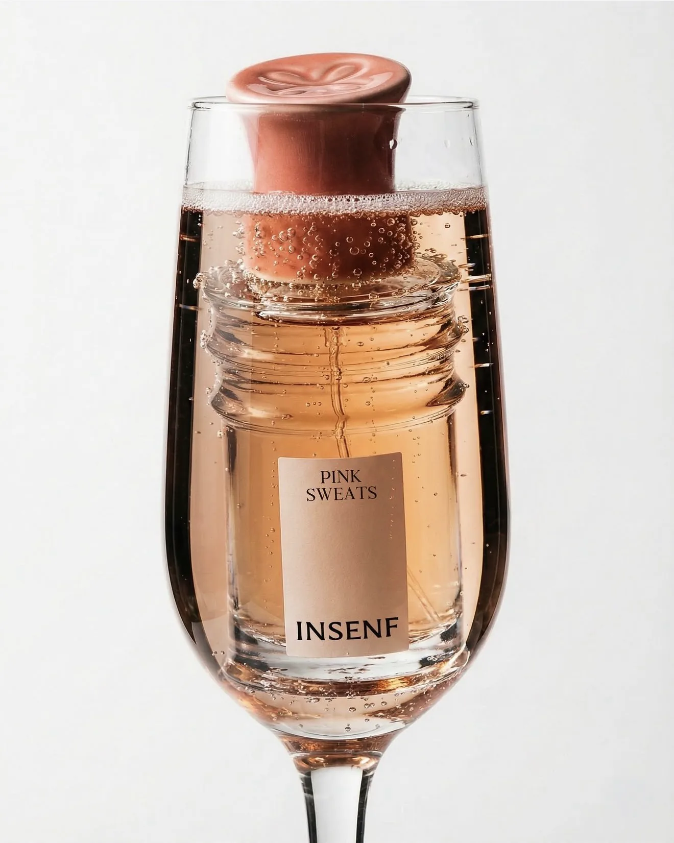 Pink Sweats, INSENF — flacon immergé dans une flûte de rosé