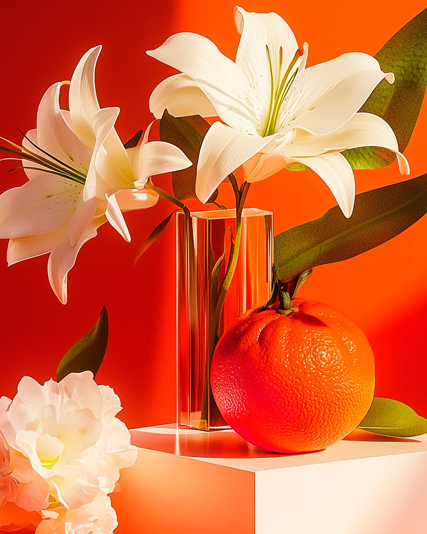 Lily & Tangerine de Maison Label, mise en scène avec mandarines et lys