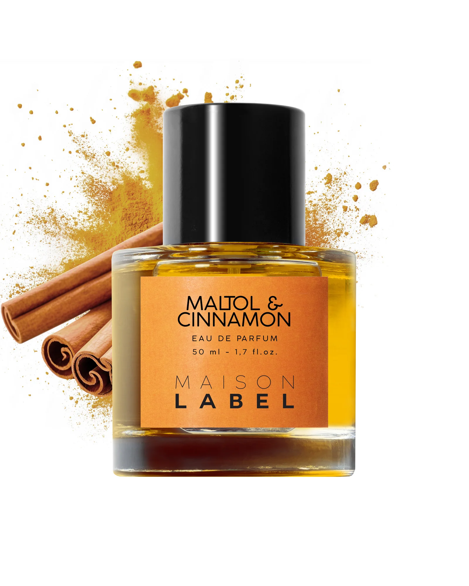 Maltol & Cinnamon de Maison Label entouré de ses matières
