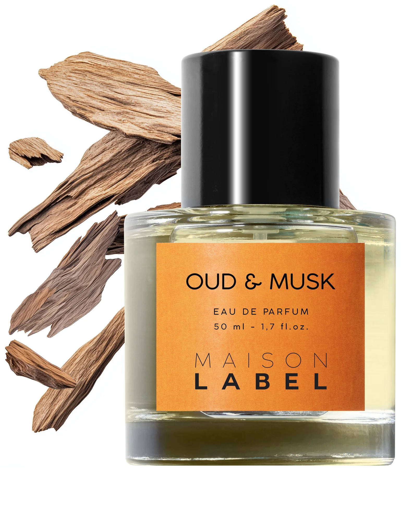 Oud & Musk de Maison Label entouré de ses matières