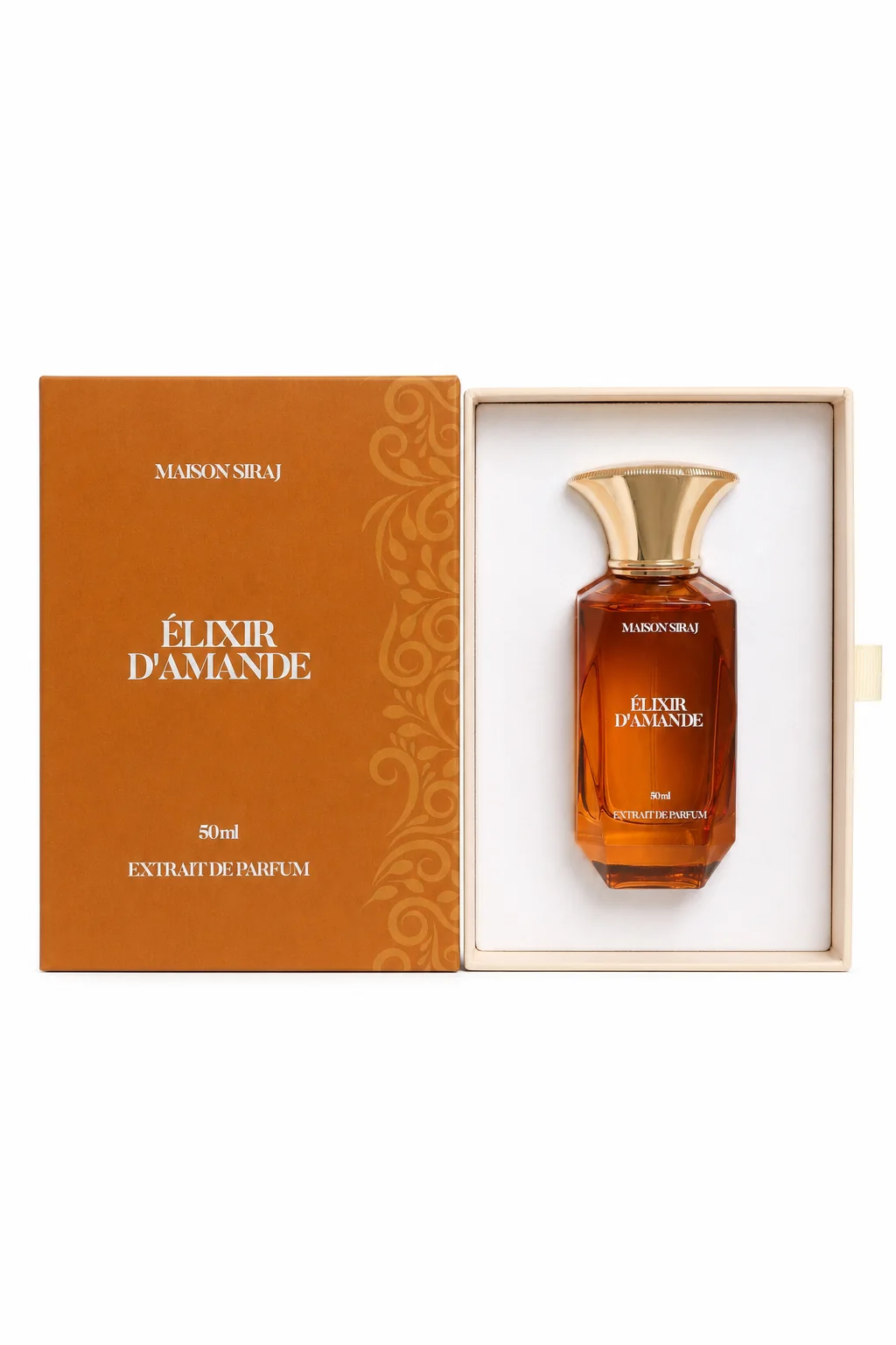 Élixir d'Amande dans son coffret orange ouvert, Maison Siraj