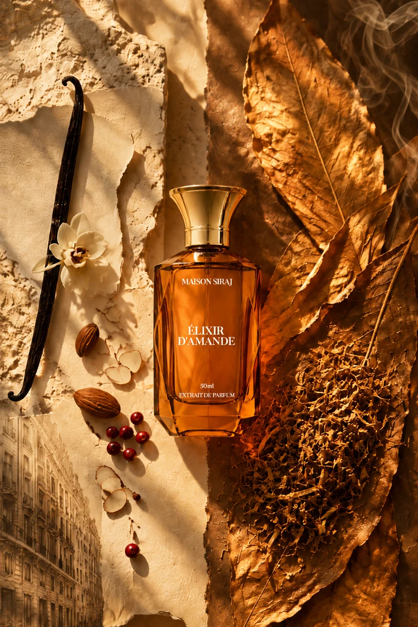 Élixir d'Amande posé entre vanille, amandes, fruits rouges et feuilles de tabac blond