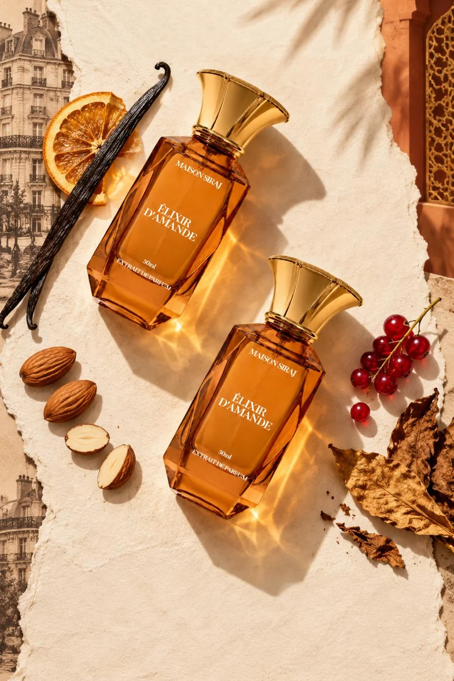 Deux flacons d'Élixir d'Amande avec vanille, amandes, orange séchée et groseilles